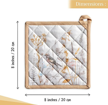 Maison d' Hermine Pot Holders 100% Cotton Heat Resistant Potholders 8" x 8" Hot Pads with Loop BBQ Baking Hotel Farmhouse Kitchen Handling Hot Pans Spring Summer (Pack of 1, Meadow Florals - Beige)