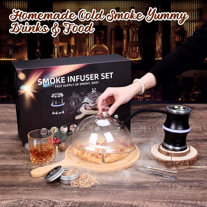Cocktail Smoker Kit, Whiskey Smoker Kit with Accessories & 4 Flavor Wood Chip, Bourbon Old Fashioned Smoker Kit, Smoking Cloche Dome Cold Smoke for Food & Drink, Gifts for Men, Dad, Husband, Boyfriend