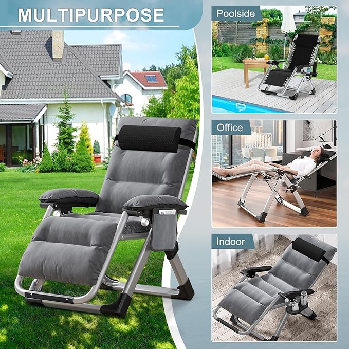 ABORON 2PK Zero Gravity Chair/Armrest Mat,Premium Outdoor Lawn Folding Lounge Chairs,Sturdy Adjustable Reclining Patio Chairs with Removable Seating Cushion,Headrest & Tray