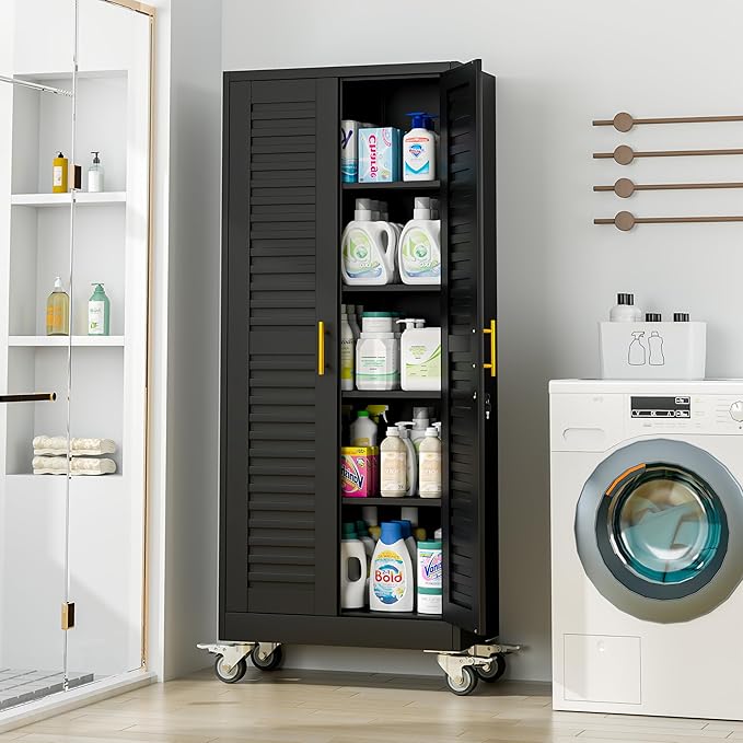 GAIOUS 71” Metal Garage Storage Cabinet with Lock and Wheels, Metal Storage Cabinet with Louvered Door and 4 Adjustable Shelves, Rolling Tool Cabinet, Utility File Cabinet for Home Office -Black