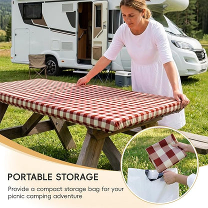 SquarePie Picnic Table Cover with Bench Covers - Waterproof Fitted Elastic Tablecloth for 6 FT Tables - Washable Polyester Camping Table Cloth for Patio RV BBQ (Burgundy Red Checkered,30"x72")
