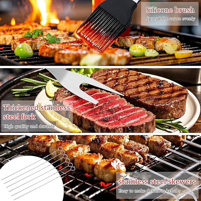 15PCS Grill Set, BBQ Grilling Accessories with Tongs Spatula Skewers, Stainless Steel Grill Utensils Set with Hooks & Apron Storage Bag for Outdoor Cooking, Camping, Practical Gifts for Men Dad