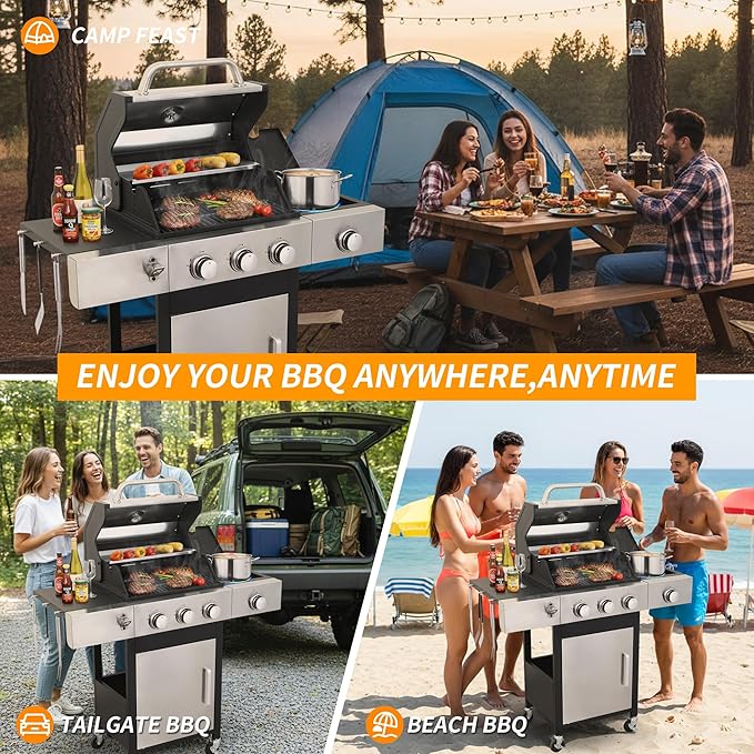 3-Burner Propane Gas Grill for Backyard - 39,000 BTU BBQ with Side Burner, Porcelain Cast Iron Grates, Stainless Steel Outdoor Grill for Camping & Tailgating, Fast Heating
