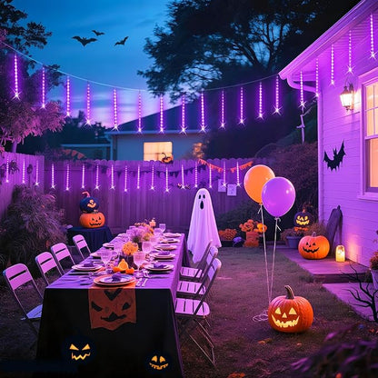 JMEXSUS Solar Christmas Lights Outdoor, 8 Tube 144 LEDs Solar Meteor Shower Lights, Purple Christmas Light for Tree Fence Eaves Patio Yard Holiday Party Decor