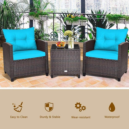 HAPPYGRILL 3 Pieces Patio Conversation Set, Outdoor Furniture Set PE Rattan Sofa Set with Removable Cushions, PE Wicker Chairs with Tempered Glass Side Table for Porch Lawn Garden Balcony Backyard