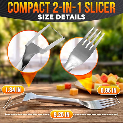Stainless Steel Watermelon Cutter Slicer Tool 2-in-1, Precise Chunks | Watermelon Slicer Tool & Serving Fork in One; Slices Cubes Mess-Free; for Melon, Cantaloupe & Dragon Fruit; Summer Parties