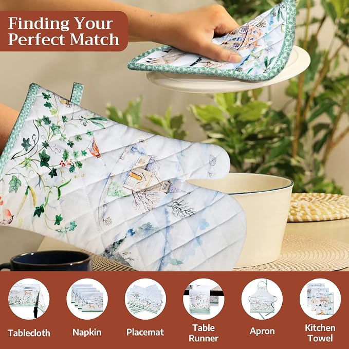 Maison d' Hermine 100% Cotton Oven Mitt & Pot Holder Set (7.5"x13" & 8"x8") | Heat Resistant BBQ Cooking Gloves with Loop Baking Grilling Kitchen Hotel Home Farmhouse Thanksgiving Christmas - Snowy World