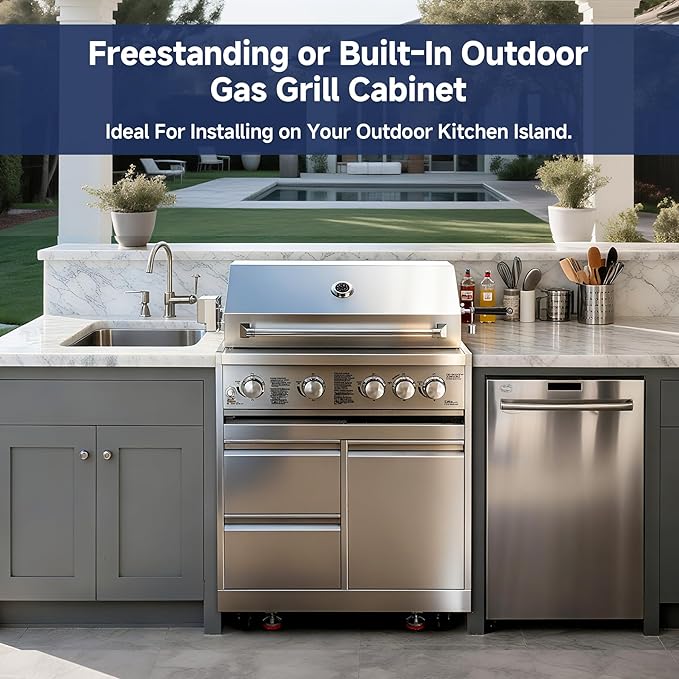 BODEGA Stainless Steel Outdoor Kitchen Cabinets, Modular 30'' Propane Gas Grill Storage with Weatherproof 2 Drawers & Gas Tank Compartment, Kitchen BBQ Drawer Cabinet for Outdoor Kitchen BBQ Island.