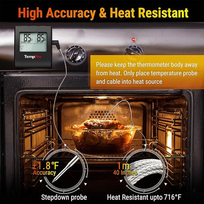 TempPro TP16 Large LCD Digital Meat Thermometer for Cooking, Smoking, Grilling, BBQ Food Temperature Indicator with Clock Timer and Stainless Steel Probe, Black(Previously ThermoPro)