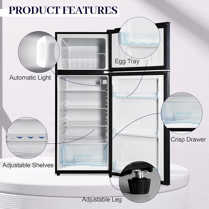 Fridge with Freezer 7.4 Cu. Ft., 2-Door Apartment Refrigerator with Adjustable Thermostat & Shelves, LED Lights Refrigerator with Freezer for Kitchen, Office, Dorm, Garage, Blue