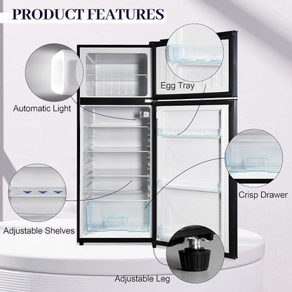Fridge with Freezer 7.4 Cu. Ft., 2-Door Apartment Refrigerator with Adjustable Thermostat & Shelves, LED Lights Refrigerator with Freezer for Kitchen, Office, Dorm, Garage, Blue