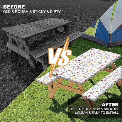 Floral Picnic Table Cover with Bench Covers and Bag, Camping Essentials, Colorful Wildflower Waterproof Camping Tablecloth with Elastic Edges Fitted Rectangle for Outdoor & Garden, 3 Pcs, 30x60 Inch