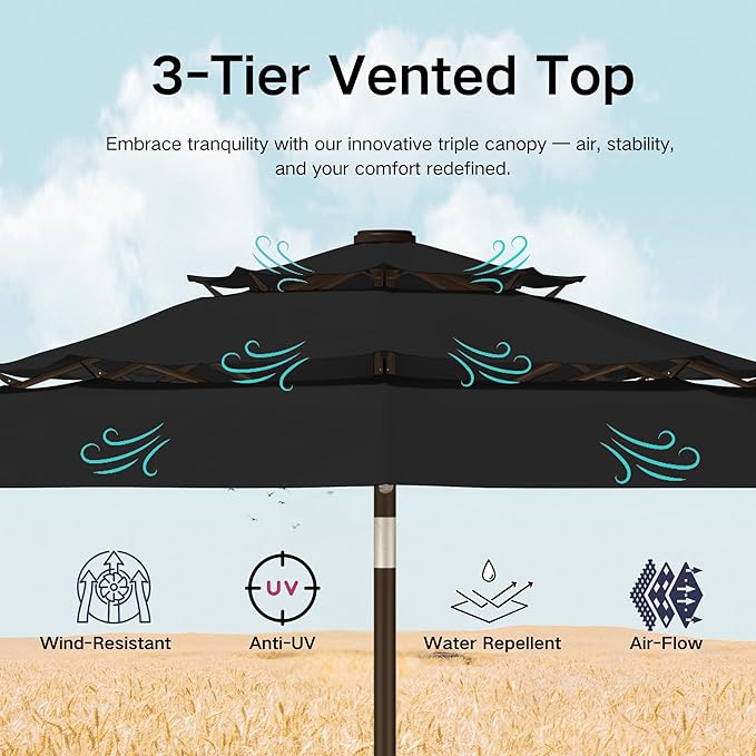 Kingdura 10ft 3-Tier Patio Umbrella with Solar Lights, Table Umbrella Outdoor Patio with Easy Crank & Tilt, 8 Sturdy Ribs, UV Protection, 32 LED Lights for Deck, Poolside, Market (Black)