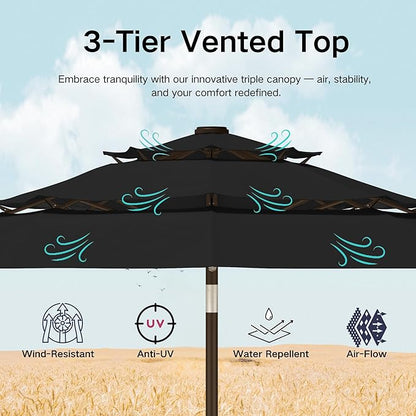 Kingdura 10ft 3-Tier Patio Umbrella with Solar Lights, Table Umbrella Outdoor Patio with Easy Crank & Tilt, 8 Sturdy Ribs, UV Protection, 32 LED Lights for Deck, Poolside, Market (Black)