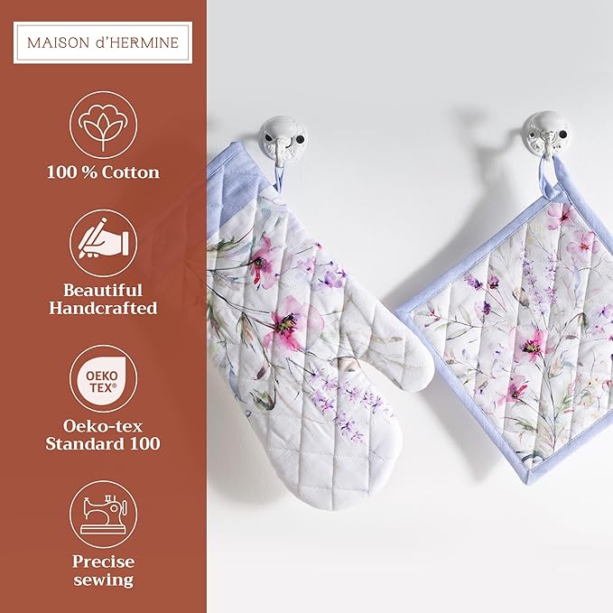 Maison d' Hermine 100% Cotton Oven Mitt & Pot Holder Set (7.5"x13" & 8"x8") Heat Resistant BBQ Cooking Gloves with Loop Baking Grilling Kitchen Hotel Home Farmhouse Spring Summer (Summer Floral)