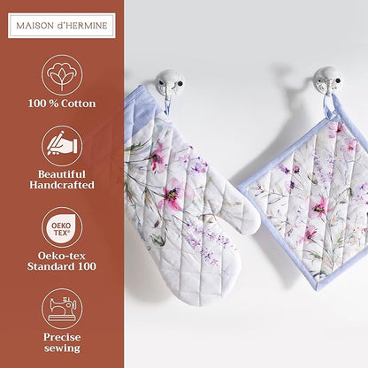 Maison d' Hermine 100% Cotton Oven Mitt & Pot Holder Set (7.5"x13" & 8"x8") Heat Resistant BBQ Cooking Gloves with Loop Baking Grilling Kitchen Hotel Home Farmhouse Spring Summer (Summer Floral)