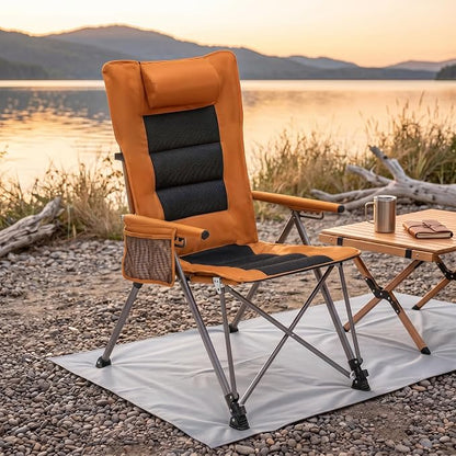 Adjustable Folding Beach Chair, Portable Camping Chair for Adults with Backrest, Reclining Outdoor Chair with Cup Holder & Pocket, Foldable Low Beach Chair for Camping, Picnic, Orange