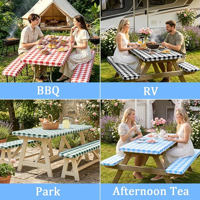 Poise3EHome Picnic Table Cover with Bench Covers, 6 Foot Fitted Elastic Tablecloth Set, Heavy Duty Polyester with TPU Waterproof Backing, Washable Outdoor Picnic Set for Camping, RV & Park(Blue&White)