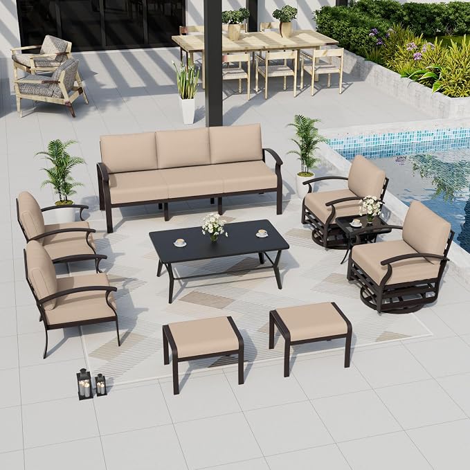 ALAULM Aluminum Patio Furniture Set with Coffee Table Rectangular, 9-seat Outdoor Sectional Furniture w/Swivel Chairs and 2 Ottomans, Patio Conversation Set for Porch, Backyard, Poolside-Sand