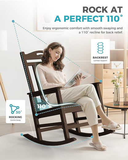 Ciokea Oversized Outdoor Rocking Chair, 380lbs Heavy-Duty Large Patio Rocker, Weather Resistant & Anti-Fade Porch Chair, High Back Cozy Rocking Chair for Outside, Fire Pit, Deck, Garden, Brown