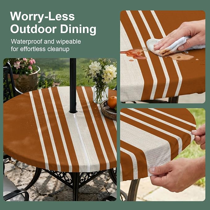 Outdoor Fitted Tablecloth with Umbrella Hole and Zipper, Burnt Orange Beige Striped Elastic Round Patio Table Cover, Farmhouse Retro Lines Modern Table Protector for Backyard BBQ Party 31''-35''