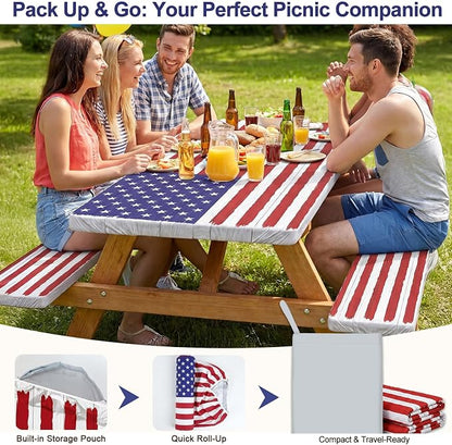 Picnic Table Cover with Bench Covers Windproof Waterproof Picnic Table Covers Camping Tablecloth with Self-Storage Bag, 72in, Bright White Wood
