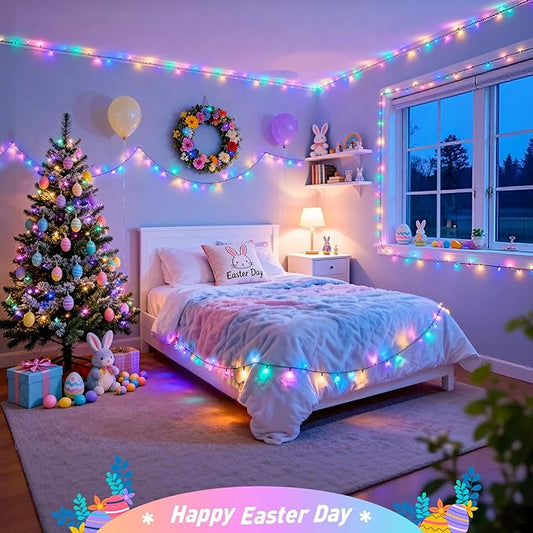 4 Pack Easter Lights Battery Operated, 50 LEDs 16.5ft Pastel String Lights Indoor Outdoor Waterproof, Green Wire Battery Powered Twinkle Lights for Tree Wreath Christmas Easter Decorations