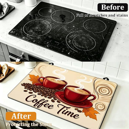 Electric Stove Top Cover,Red Coffee Cups Stove Cover for Glass Top Electric Stove,Coffee Bean Heat Resistant Flat Top Stove Mat Countertop Protector, 28 x 20 Inch