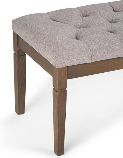 SIMPLIHOME Carmel 32" Wide Solid Acacia Wood Outdoor Chair in Sand Drift | Traditional tufted ottoman bench with carved legs; perfect footstool, footrest or bench for bedroom or entryway.