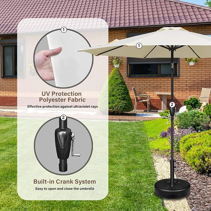 YSSOA 9' Patio Umbrella with 50lbs 20" Capacity Fillable Heavy Duty Round Base, 8 Sturdy Ribs, for Outdoor Lawn, Deck, Poolside, Cream and Black