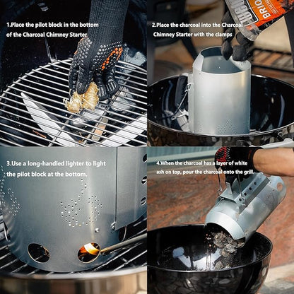 onlyfire Charcoal Chimney Starter, Round BBQ Chimney Starter for Charcoal Grills Barbecue Fire Starter with Heat Shield & Stay-Cool Handle, Sturdy and Easy to Use BBQ Grill Tools for Quickly Lighting