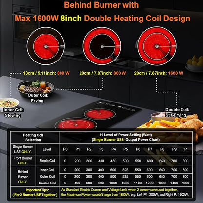 Dual Coil Design of Infrared Double Burner, 1800W Electric Ceramic Hot Plate for Cooking, 2 Burner Cooker Portable Countertop or 12inch Built-in Cooktop Radiant Stove Top, Compatible with All Cookware