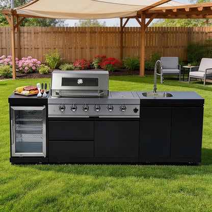 98-Inch 4-Burner Propane Gas Outdoor Kitchen Grill Island - 72000 BTU Stainless Steel BBQ, Refrigerator, Rotisserie, Stainless Countertops, Patio, Lawn, Backyard, Black