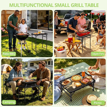 2ft Portable Grill Table, Heat-Resistant Tabletop 3 Heights 27.5" | Aluminum Grill Side Table, Waterproof & Easy to Clean, Lightweight, Portable Handle for Travel Cooking BBQ, 24" x 16", Black