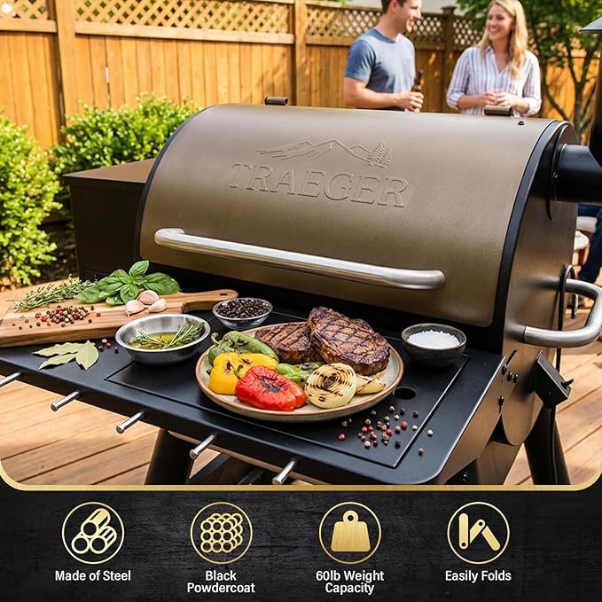 Upgraded Folding Front Shelf for Traeger Pro 22 & Pro 575, Ironwood 650 – All-in-One Grill Prep Table with Stainless Steel Basin, Cutting Board, Lid & 5 Hooks, Heavy-Duty Replacement for BAC362