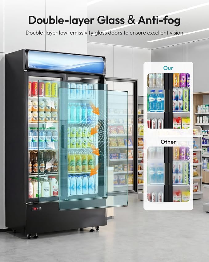 21 Cu.Ft Commercial Display Refrigerator with Double Glass Doors | LED Lightbox, 8 Adjustable Shelves, 32-50°F Digital Control, R290 Air Cooling, ETL Certified, Retail Store Use