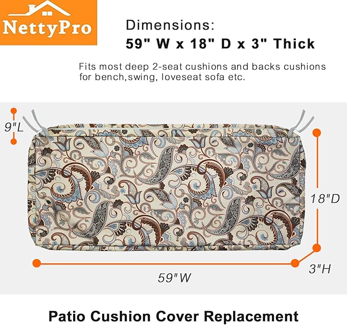 NettyPro Outdoor Patio Bench Swing Cushion Cover Replacement Water Resistant UV Protection Outside Loveseat Cushion Slipcovers with Zipper, 59 x 18 x 3 Inch
