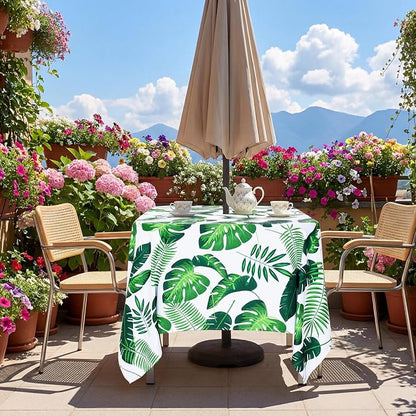 SquarePie Rectangle Outdoor Tablecloth with Umbrella Hole and Zipper 60x104 inch Waterproof Spillproof Patio Table Cloth Cover for Spring Summer Garden Party BBQs Host Backyard, Palm Leaf
