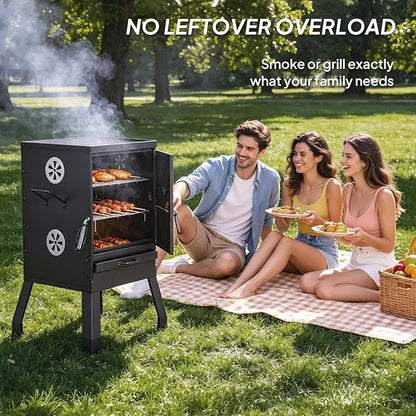 31in Portable Outdoor Charcoal Grill Smoker,Backyard Camping Barbecue Grills,Vertical Charcoal Smoker,with 2 Detachable Grill Netting Smoking Racks,for Patio Garden Beach Porch Lawn Yard (Black)