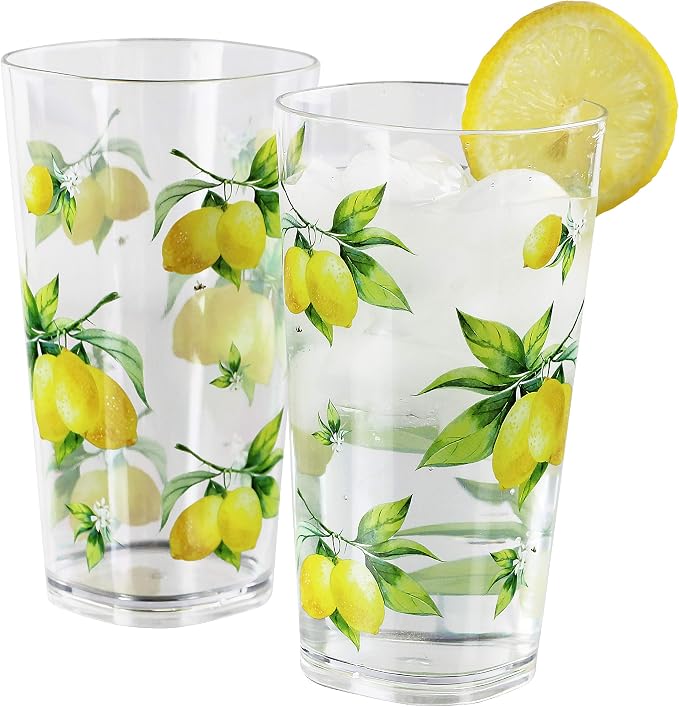 Reston Lloyd Calypso Basics Fresh Lemons 19 oz Acrylic Drinkware Set of 6 – BPA-Free, Indoor/Outdoor, Dishwasher Safe, Lemons with Bees