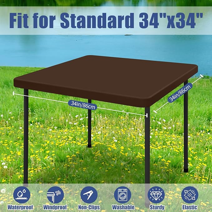 Moosfor 2 Pack Square Spandex Fitted Table Cloth, Elastic Tablecloth | Washable Picnic Table Cover, Stretch Waterproof Table cloths for Party, Patio, Dining, Kitchen, 34" x 34", Coffee