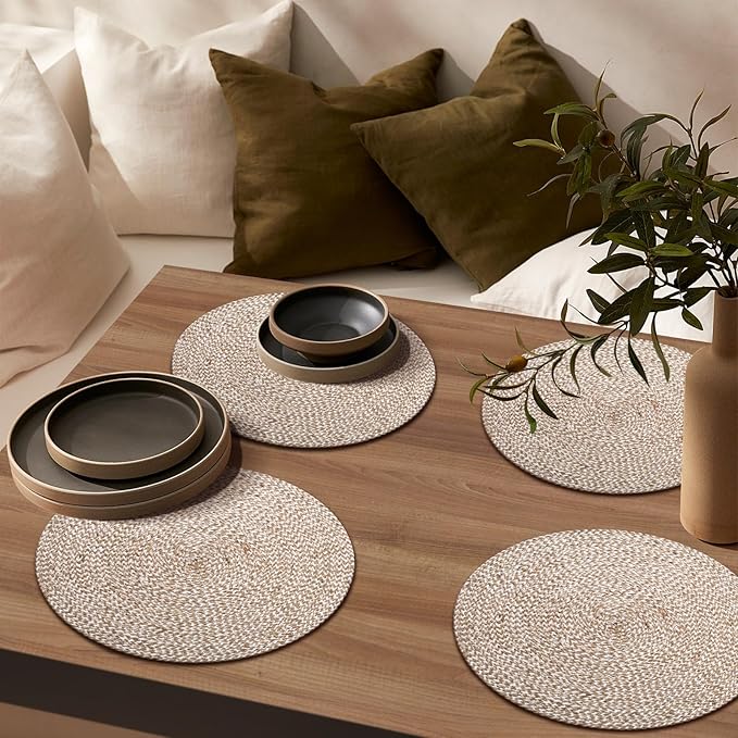 Hausattire Jute Braided Placemats 14 Inches Round Set of 4 Reversible Handwoven Boho Vintage Easter Placemats for Kitchen Dining Tables|BBQ's Farmhouse Decor Indoor & Outdoor Parties |Off-White