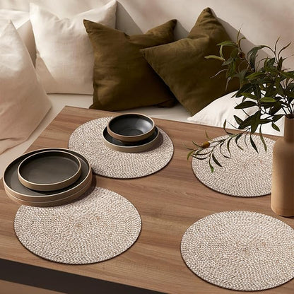 Hausattire Jute Braided Placemats 14 Inches Round Set of 4 Reversible Handwoven Boho Vintage Easter Placemats for Kitchen Dining Tables|BBQ's Farmhouse Decor Indoor & Outdoor Parties |Off-White