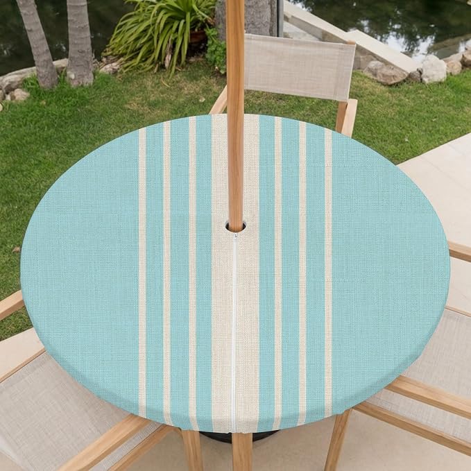 Outdoor Fitted Tablecloth with Umbrella Hole and Zipper, Lake Blue Beige Striped Elastic Round Patio Table Cover, Farmhouse Retro Lines Modern Table Protector for Backyard BBQ Party 36''-44''