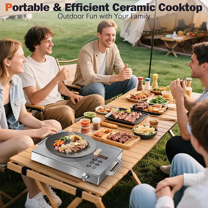 Single Burner Electric Cooktop, Protable Electric Stove with Handle, Countertop Ceramic Stove top for Camping, Home, RVs, Child Lock, Timer, Steam, BBQ, Stir Fry,110V - 120V Plug in, Grey