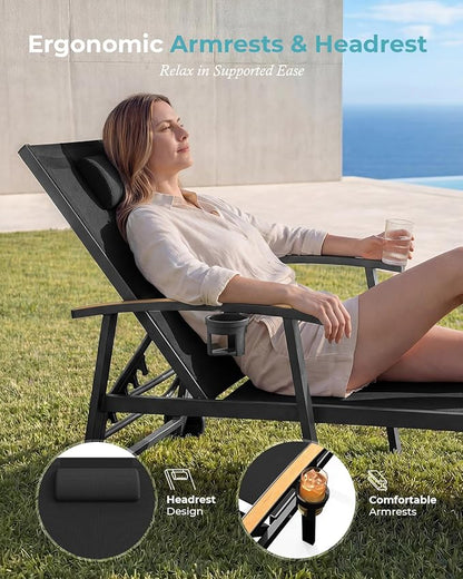 Ciokea Outdoor Lounge Chair with Pillow Set of 4, 5-Position Chaise Lounges with Wheels & Armrests, 400 lbs Heavy Duty Aluminum Pool Lounge Chairs, for Deck, Beach, Backyard & Poolside, Black