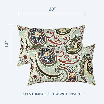 LVTLVTXIII 12×20 Inch Outdoor Lumbar Pillows, Pack of 2 Water Repellent Lumbar Pillow with Inserts, Fluffy Decorative Garden Lumbar Cushions for Home Patio Coach Sofa Use, Paisley Lightcyan