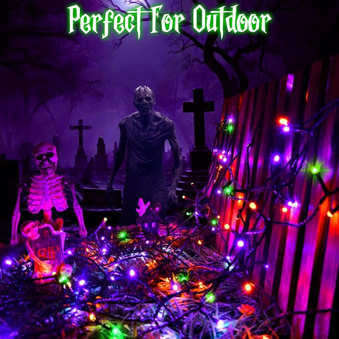 Halloween Lights String Total 100LED Battery Operated Outdoor 8 Modes with Timer 16.4Ft*2, 50LED*2 Waterproof Fairy Lights Indoor for Halloween Decor, Orange&Purple&Green, 2-Pack