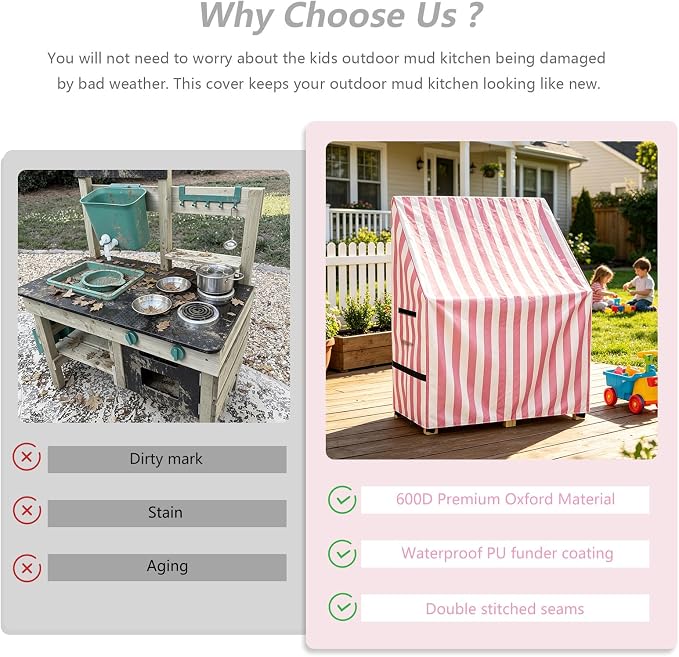 Kids Outdoor Mud Kitchen Cover,Heavy Duty Waterproof & Anti-UV Dustproof Outdoor Wooden Play Kitchen Covers,31.5" W x 15.7" D x 35.4" H, Pink, Cover Only