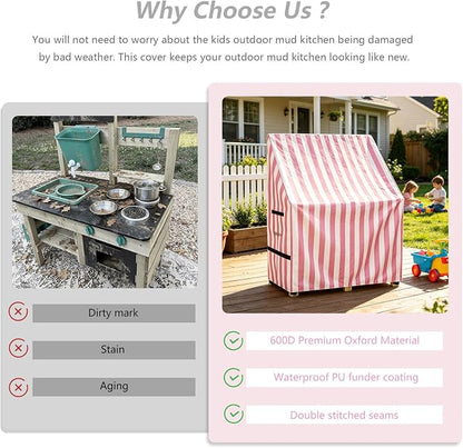 Kids Outdoor Mud Kitchen Cover,Heavy Duty Waterproof & Anti-UV Dustproof Outdoor Wooden Play Kitchen Covers,31.5" W x 15.7" D x 35.4" H, Pink, Cover Only